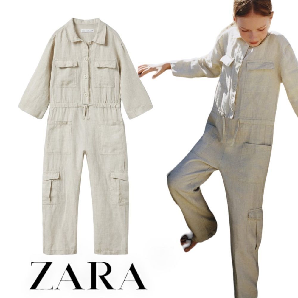 ZARA | Light Beige | LINEN CARGO JUMPSUIT